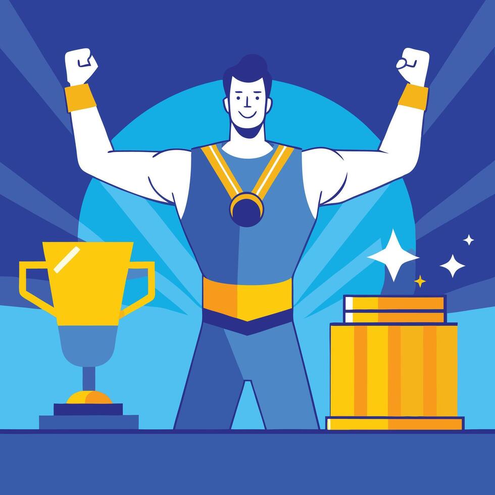 Smiling athlete wearing a medal celebrates victory with a trophy and treasure box vector