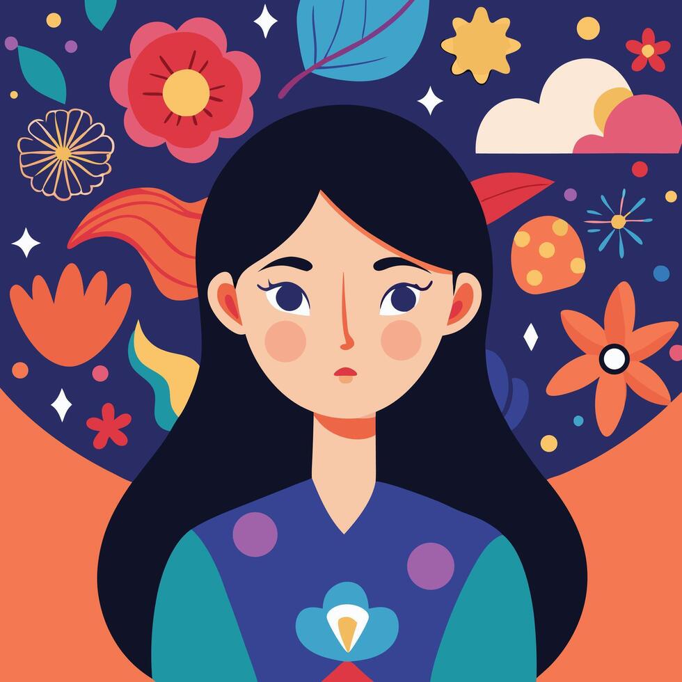 Portrait of serious woman featuring vibrant floral elements adorn the background in colorful hues vector