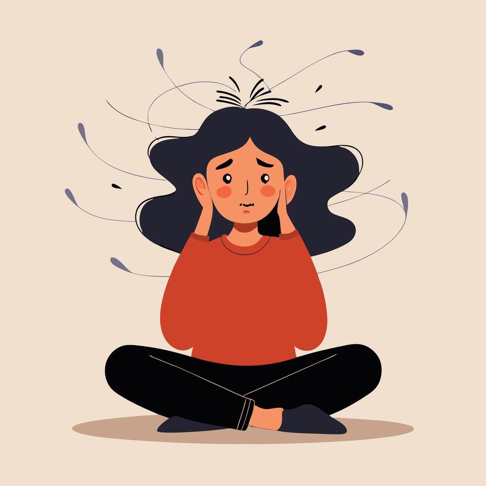 Anxious cartoon woman sitting cross legged with her hands over her ears trying to cope vector