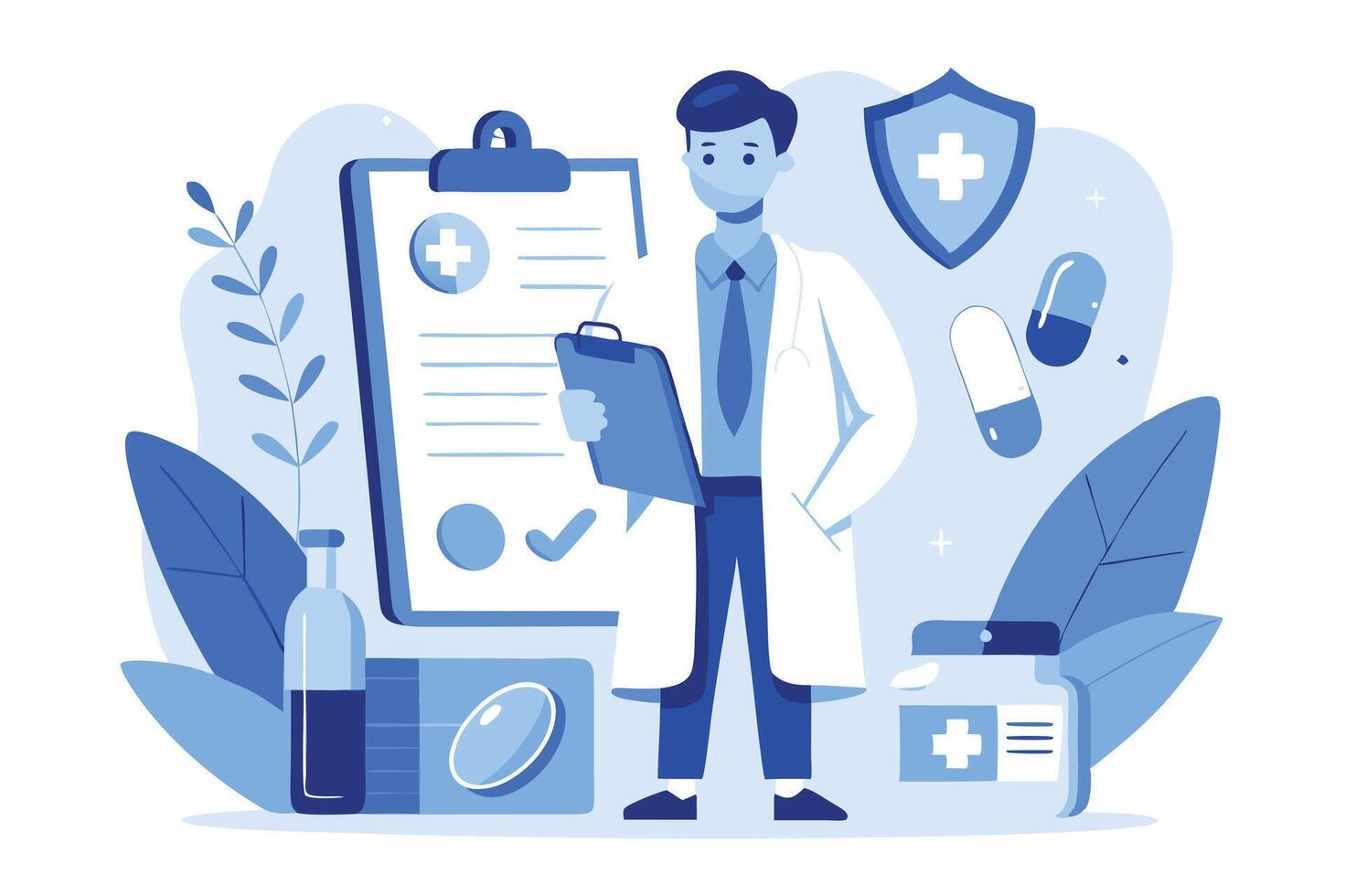 Monochromatic medical practitioner reviews patient records in blue and white color scheme vector