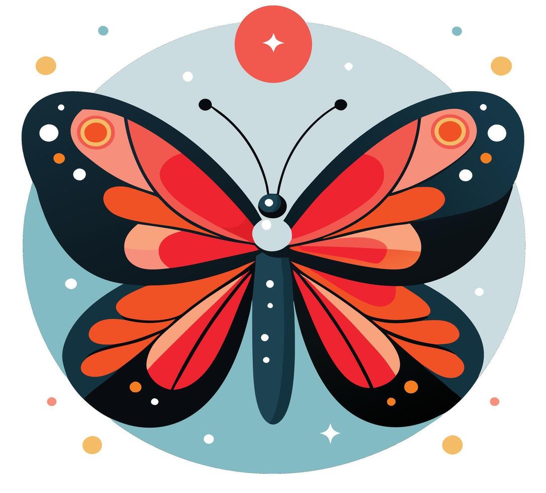 Detailed black, red, and orange butterfly is centered against a pale blue background vector