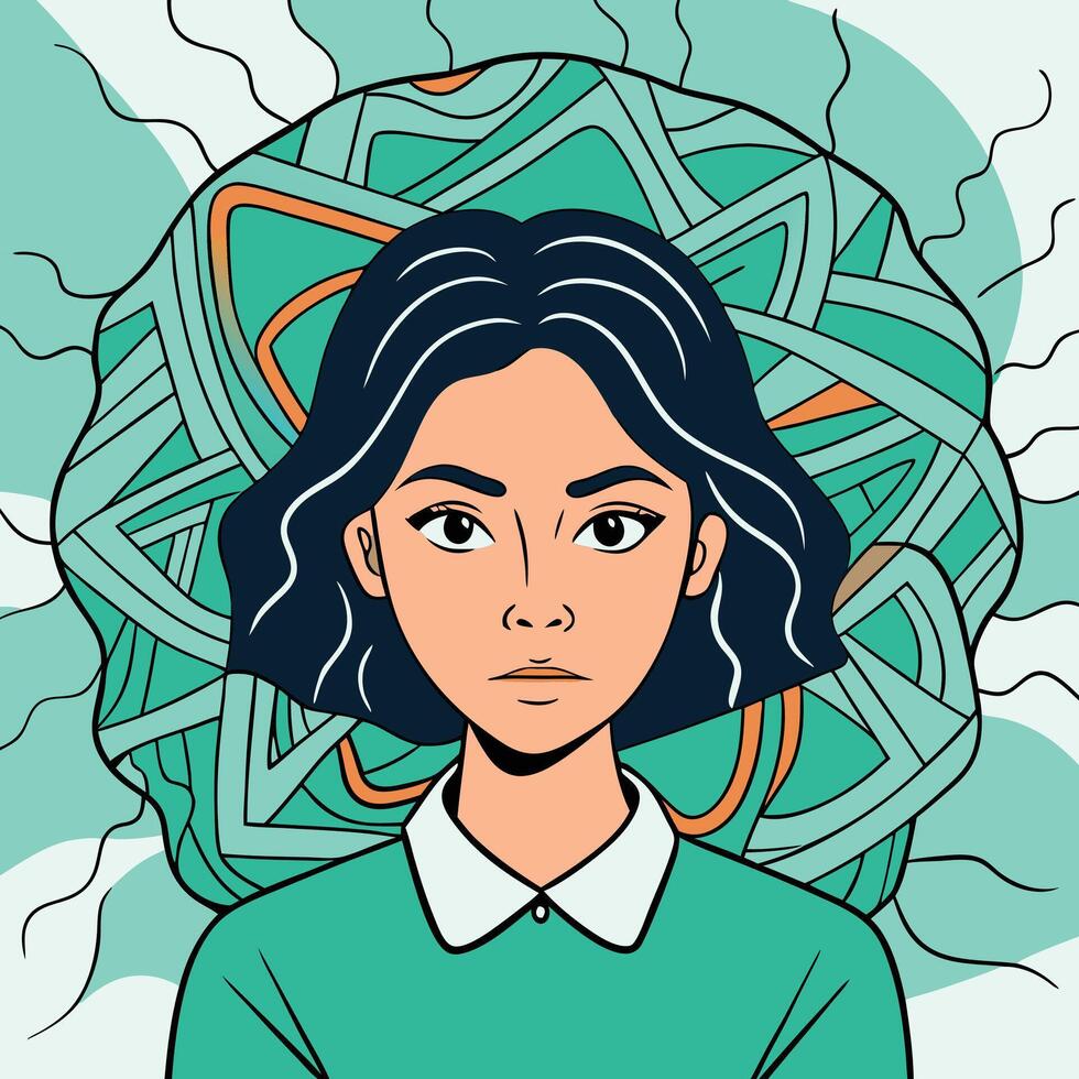 Serious Asian Woman with Short Dark Hair Appears Against an Abstract Green Background vector