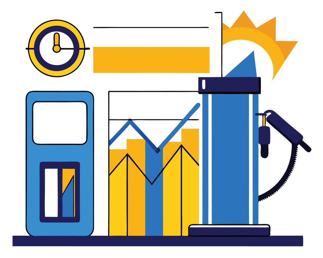 Bright gas station icon shows energy rising with graphs and sun shining above pump vector