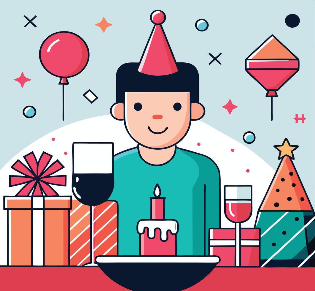 Smiling person with party hat celebrates a festive occasion with colorful gifts and balloons vector