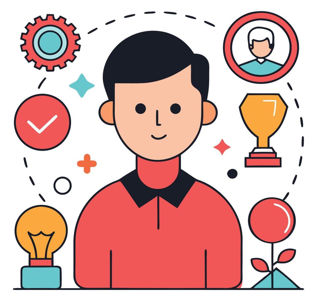Smiling Asian man surrounded by lightbulb, checkmark, plant, profile and trophy, isolated vector