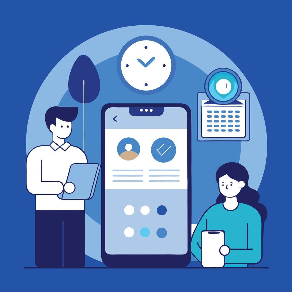 Man and woman interact with a large mobile phone while holding devices vector