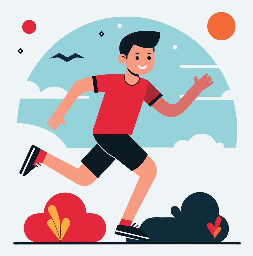 Smiling athletic Asian man in red shirt runs past stylized nature background seamlessly vector