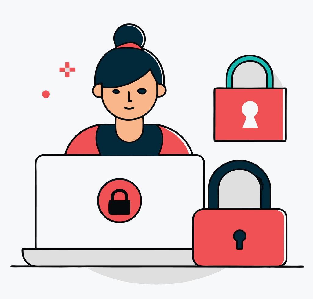 Brunette woman uses laptop surrounded by red padlocks, conveying security, with transparent background vector