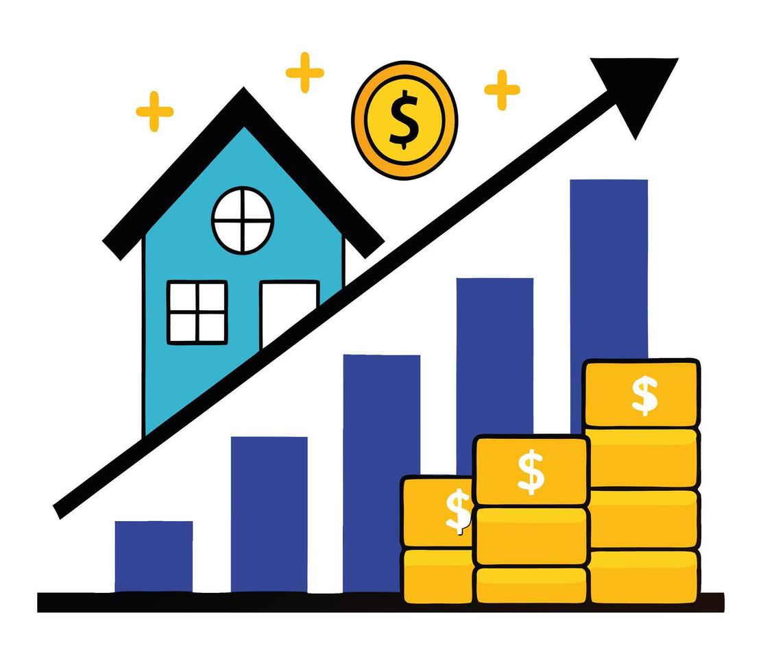 Cartoon house beside a growing blue bar graph with upward trending black arrow vector