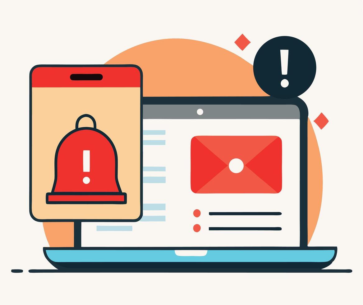 Alert notifications appear on a laptop and a phone displayed with notification bell icon vector