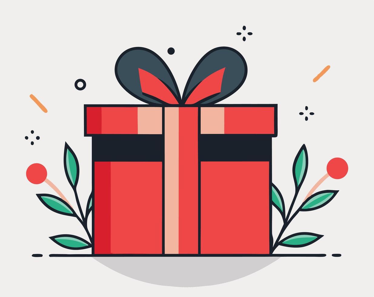 Red gift box with dark blue bow displayed amid confetti and floral accents vector