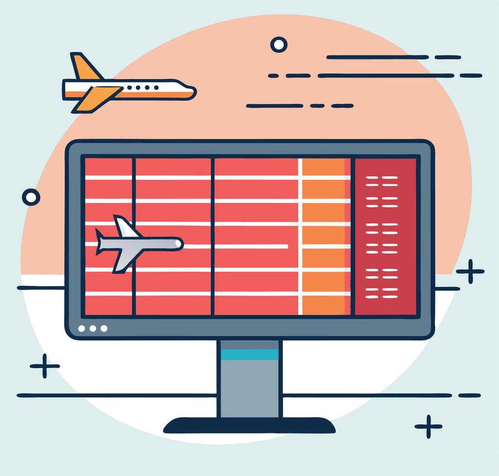 A grey computer displays flight arrival information with an airplane flying above the screen vector