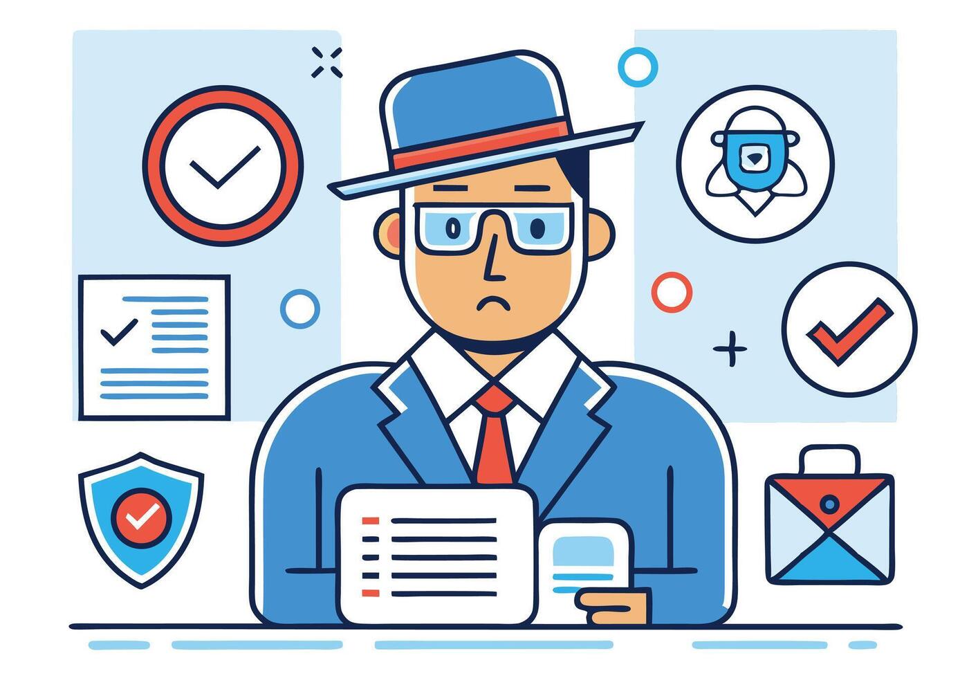 Detective character with hat, glasses, and business suit checks reports and relevant data vector