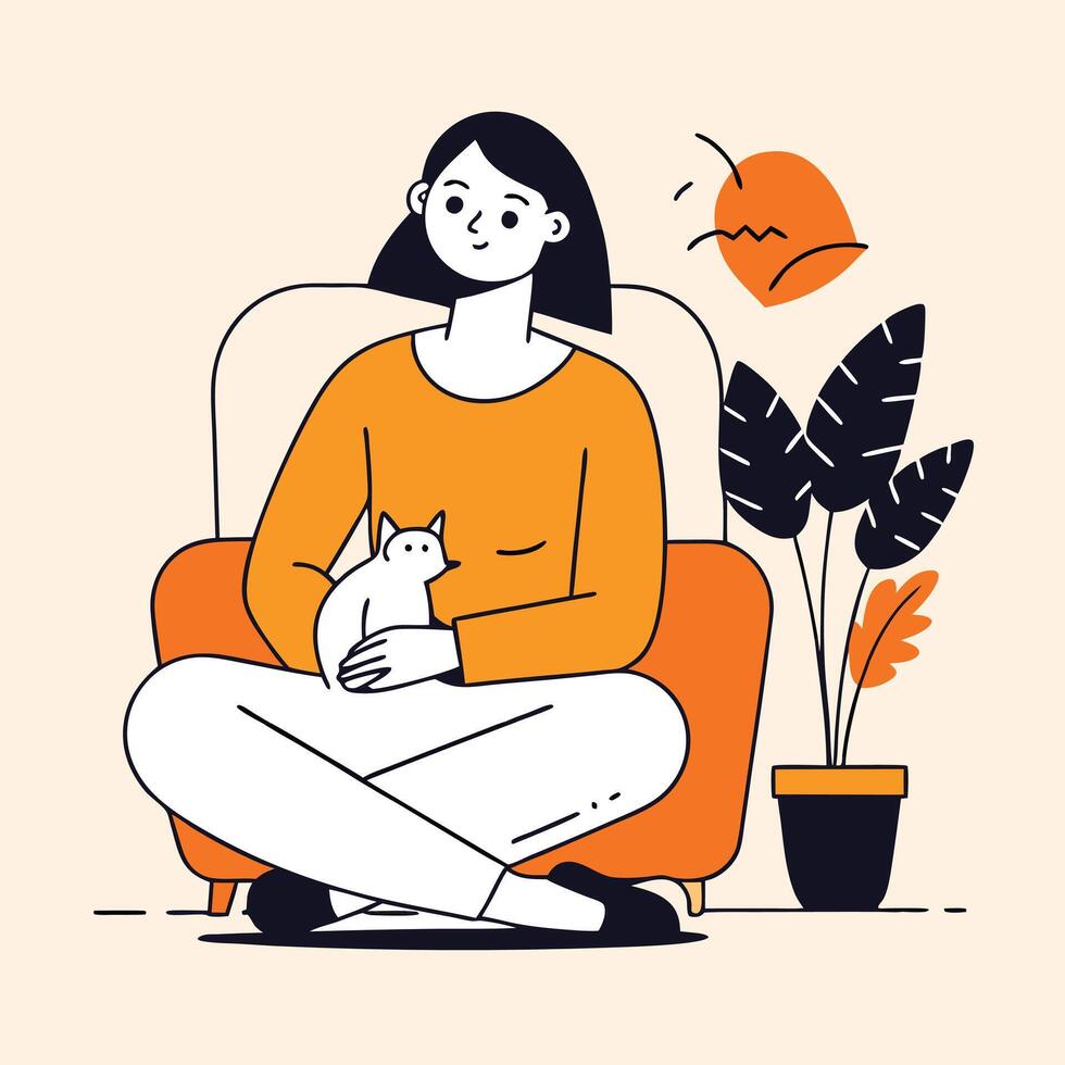 Smiling woman sits cross legged in a chair holding a white cat lovingly vector