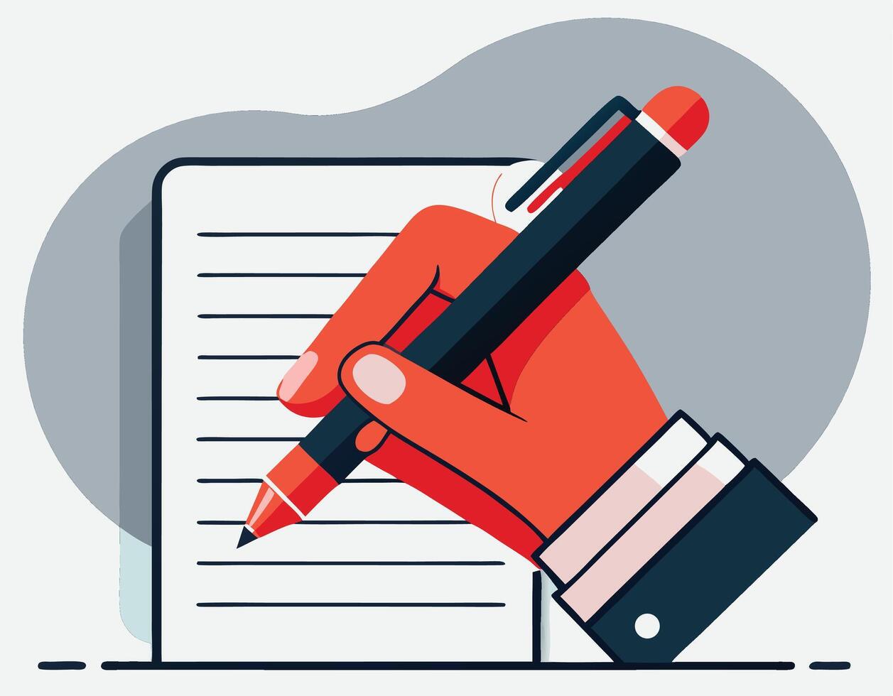 Stylized red hand elegantly holds pen, poised to write on lined sheet, creating graphic vector