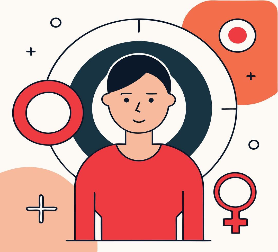 Smiling woman stands outlined by geometric shapes and signs on a white background vector
