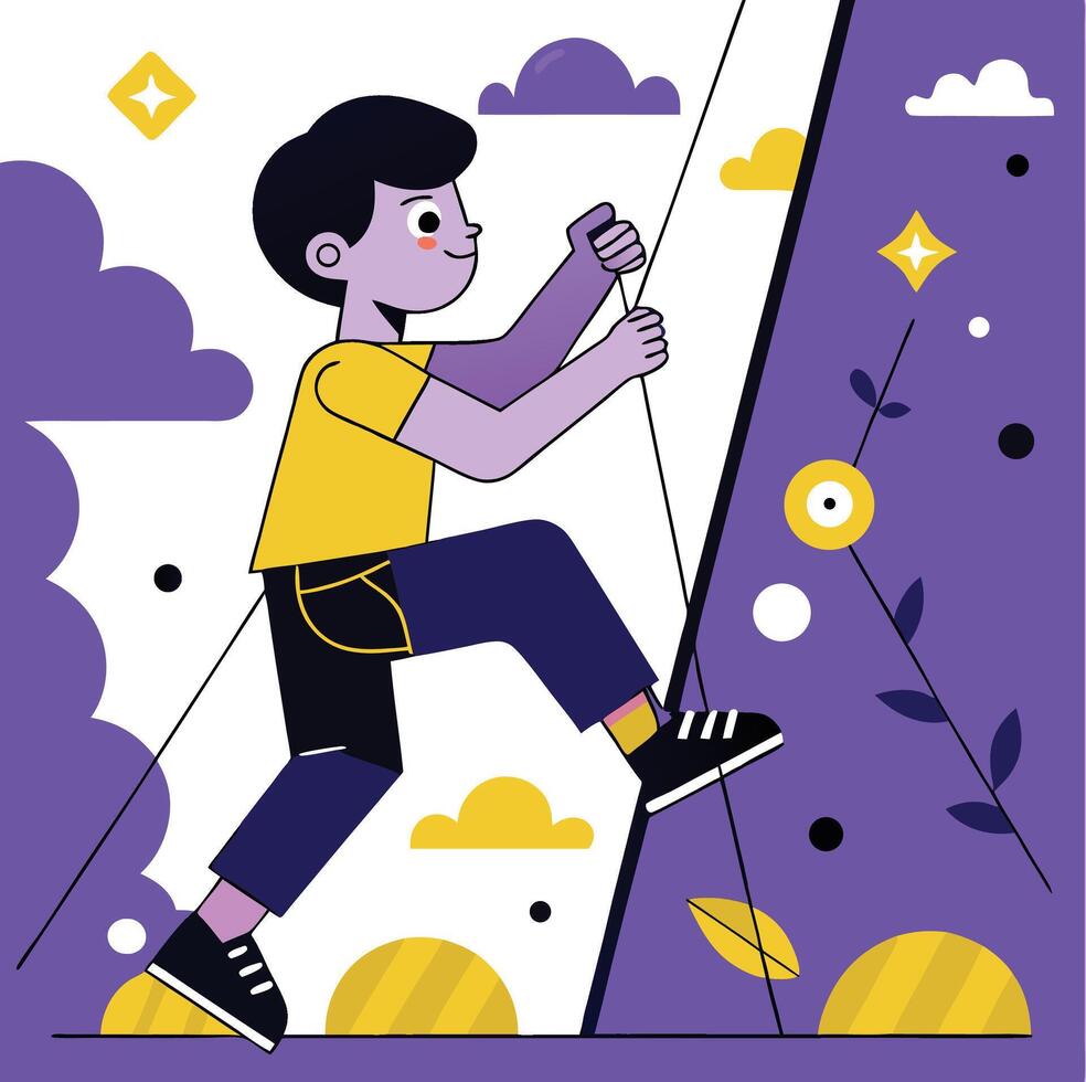 Animated Asian boy in yellow shirt scales a stylized mountain against a vivid backdrop vector
