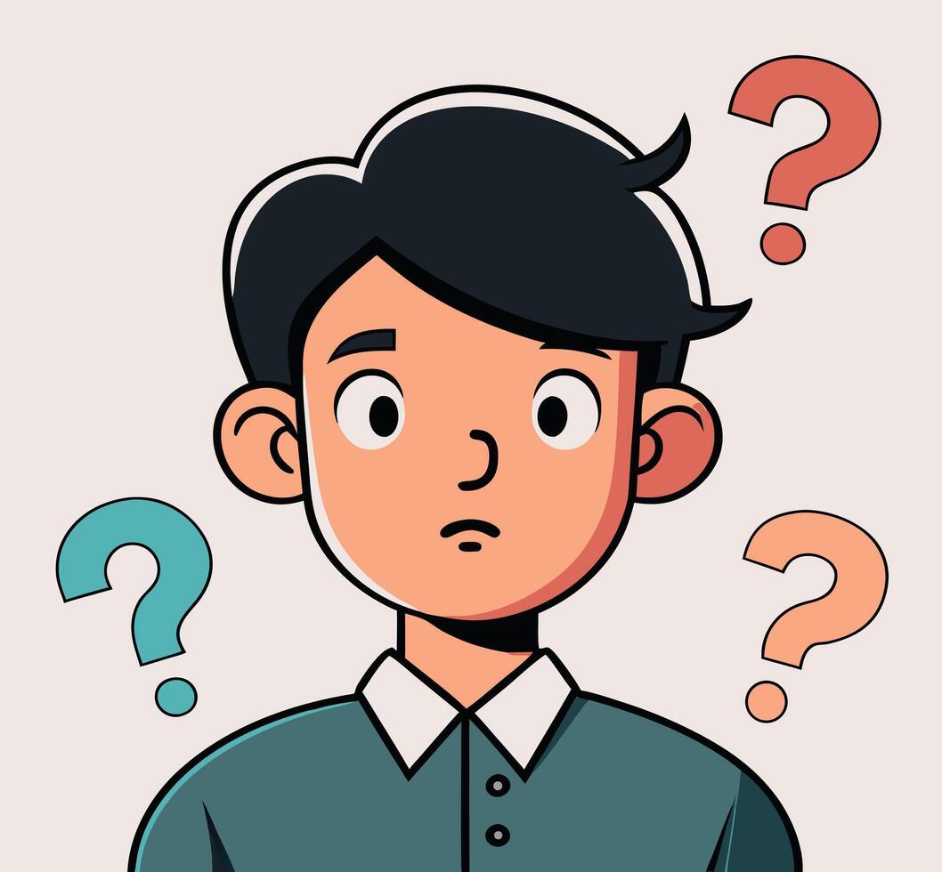 Young man with dark hair wonders among question marks on a neutral background vector