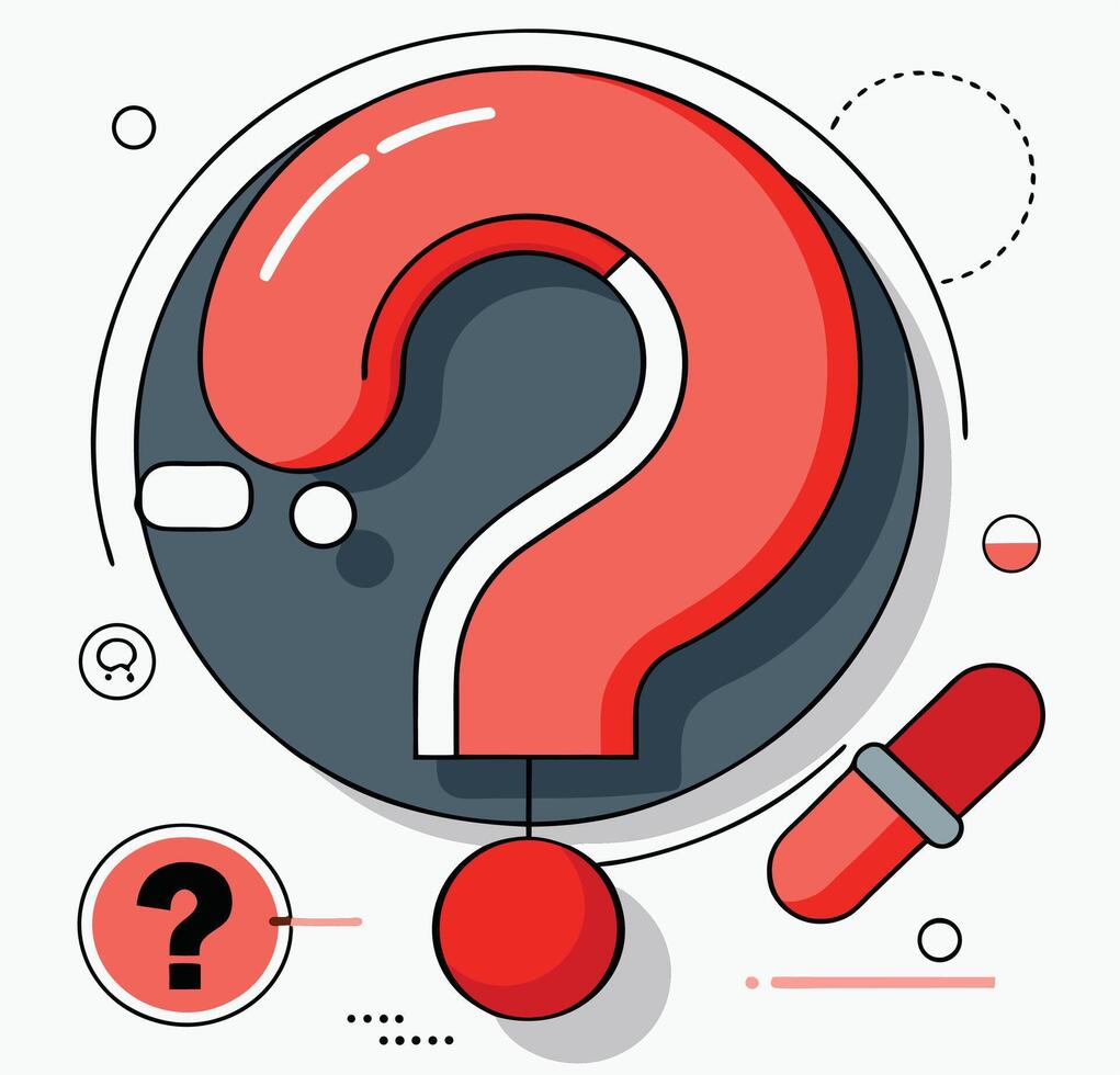 Large red question mark dominates abstract shapes on a white backdrop, showing uncertainty vector