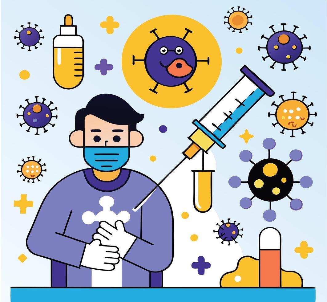 Cartoon medic in mask appears amidst stylized germs, syringe, and medicine containers vector