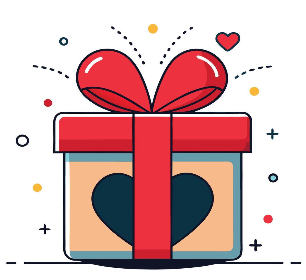 Heart adorned gift box with a red bow and celebratory elements isolated on white vector