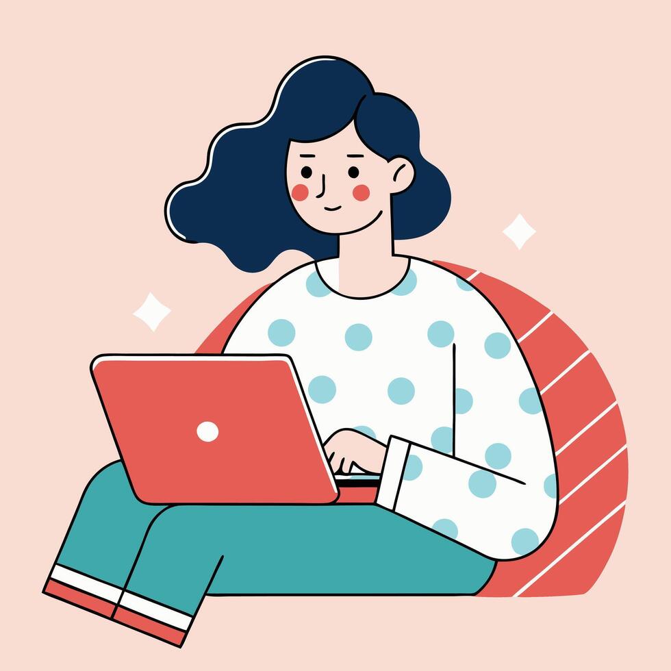 Young woman with dark hair uses a red laptop while seated comfortably with joy vector