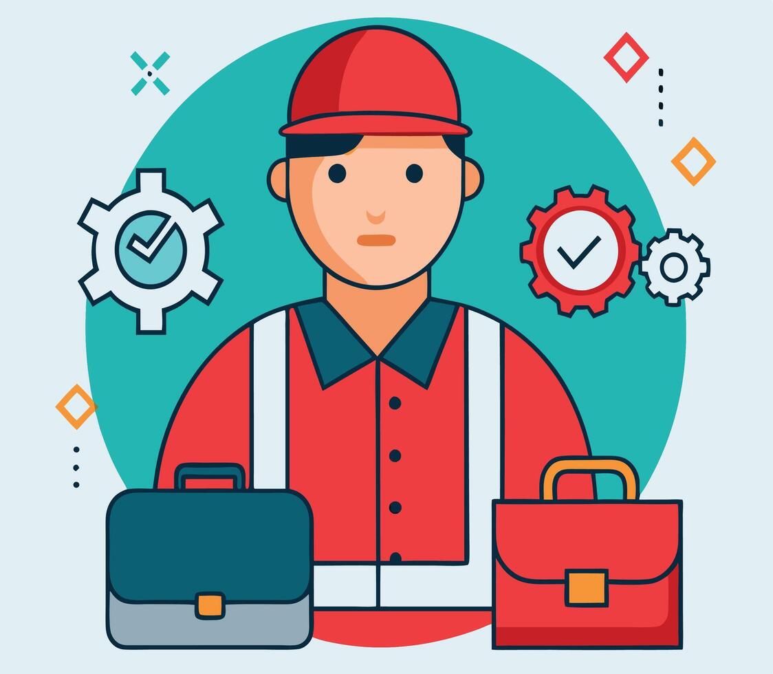 Cartoon engineer is standing holding briefcases with red hardhat and gear background vector