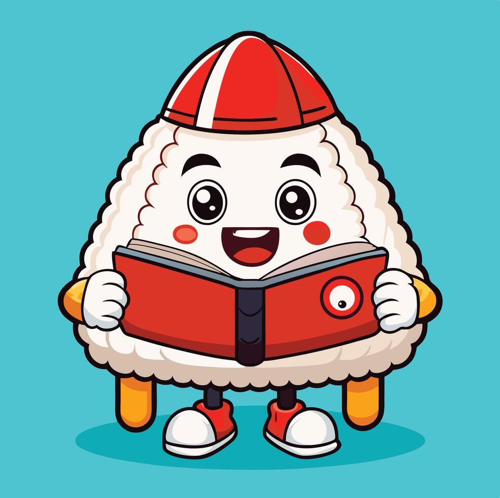 Joyful sushi cartoon character wearing a red hat reads an open book with enthusiasm vector