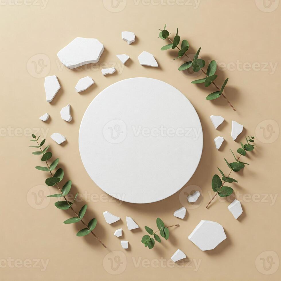 Minimalist Product Display with Eucalyptus and Stone Fragments. photo