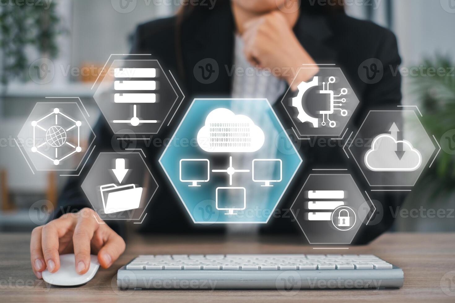 A futuristic data center showcasing cutting-edge cloud computing and network infrastructure for efficient data management. photo
