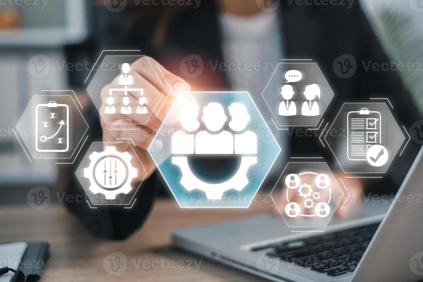 Digital interface showcasing management concepts with business icons, symbolizing modern corporate strategy and innovation. photo