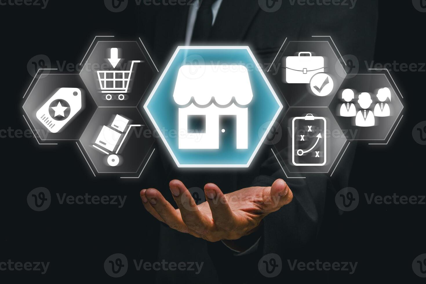 Futuristic digital interface showcasing retail icons like shopping carts, logistics, and business elements. photo