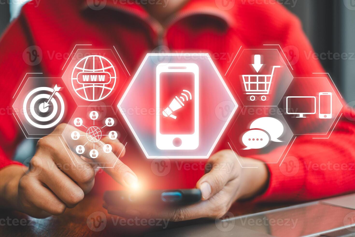 Visual representation of mobile advertising with digital marketing icons and smartphone interaction, highlighting modern marketing strategies. photo