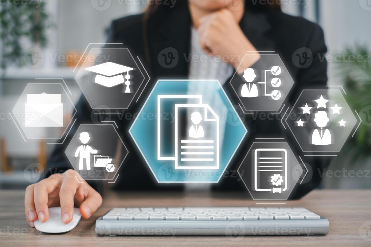 Illustration of a digital CV concept with icons representing career, education, and skills for professional use. photo