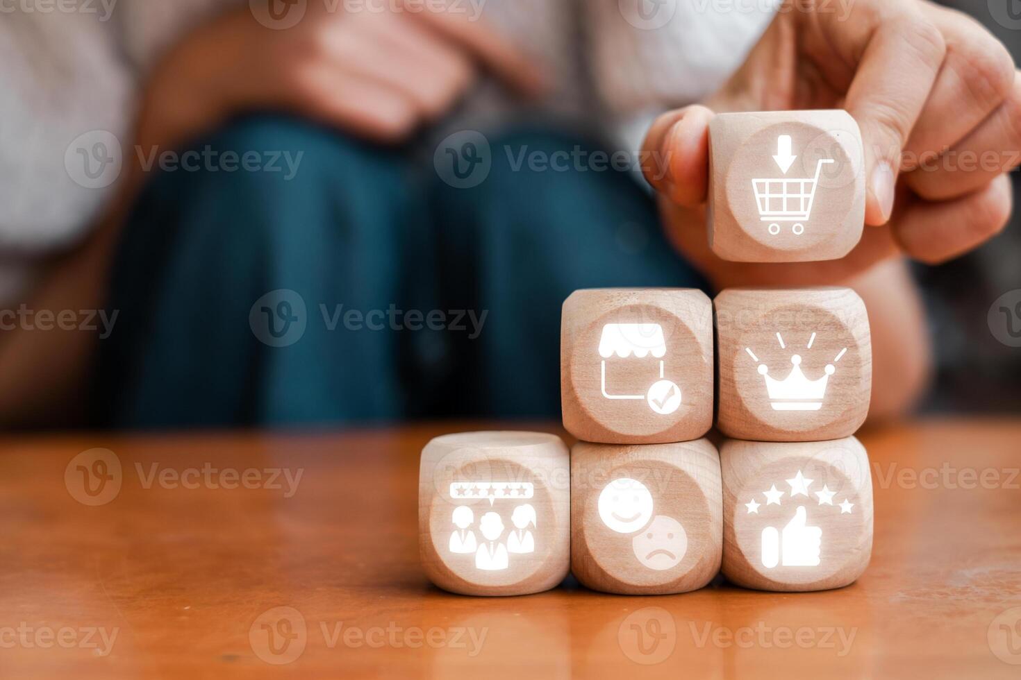 Wooden blocks with icons representing the net promoter score concept, highlighting customer satisfaction and feedback. photo