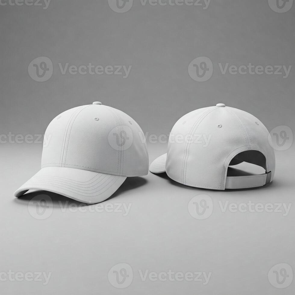 White Blank Baseball Caps, Front and Back View, Mockup. photo
