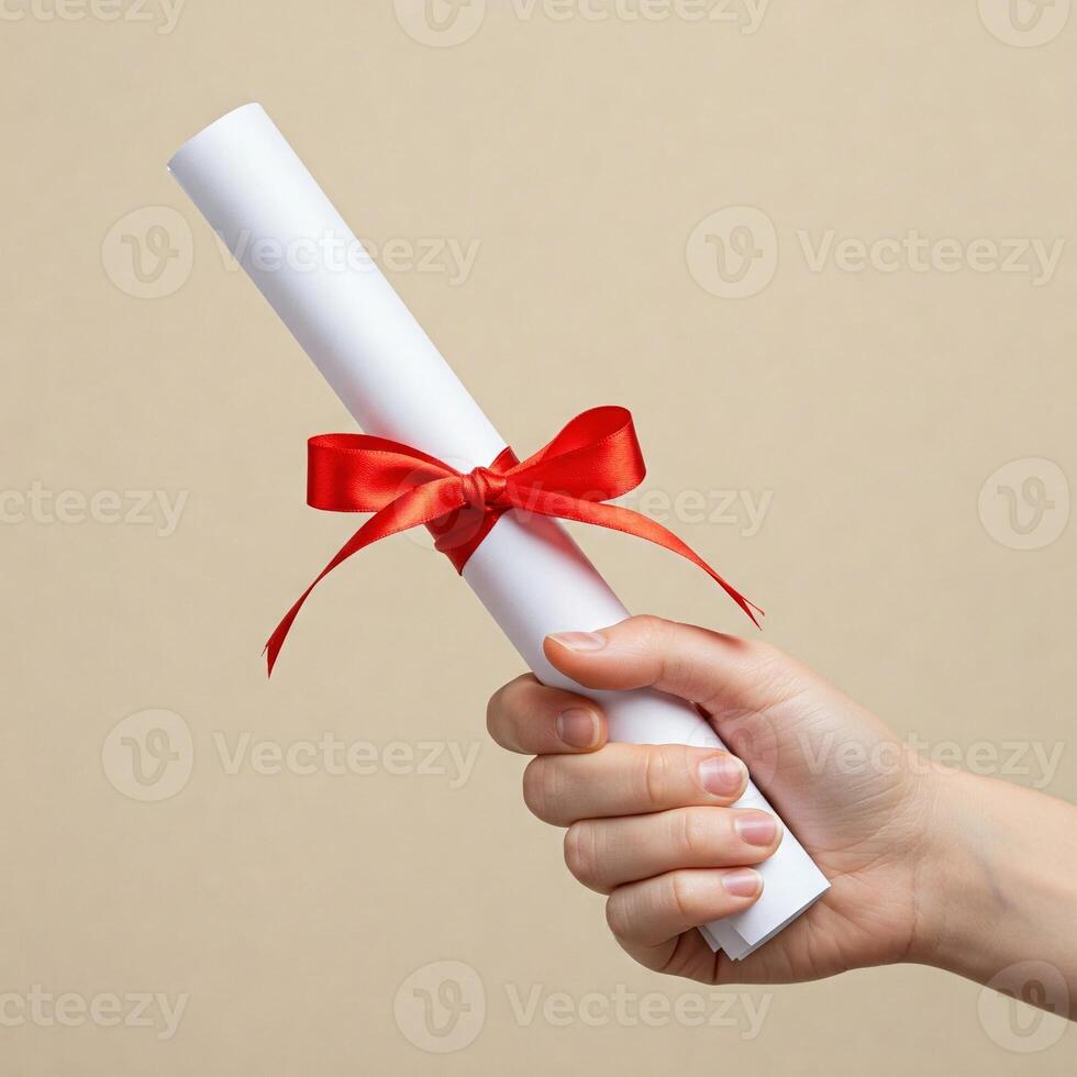 Graduation Scroll with Red Ribbon Held in Hand. photo