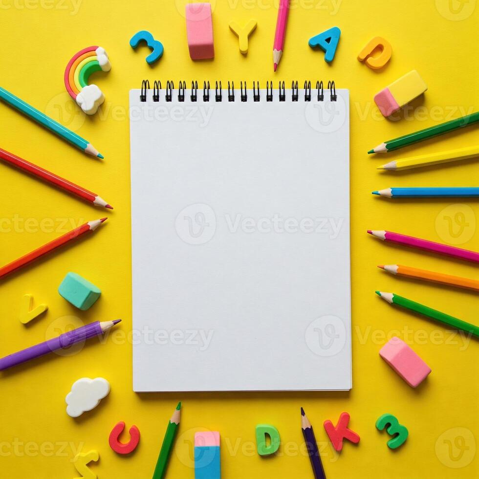 Colorful school supplies frame blank notebook on yellow background. photo