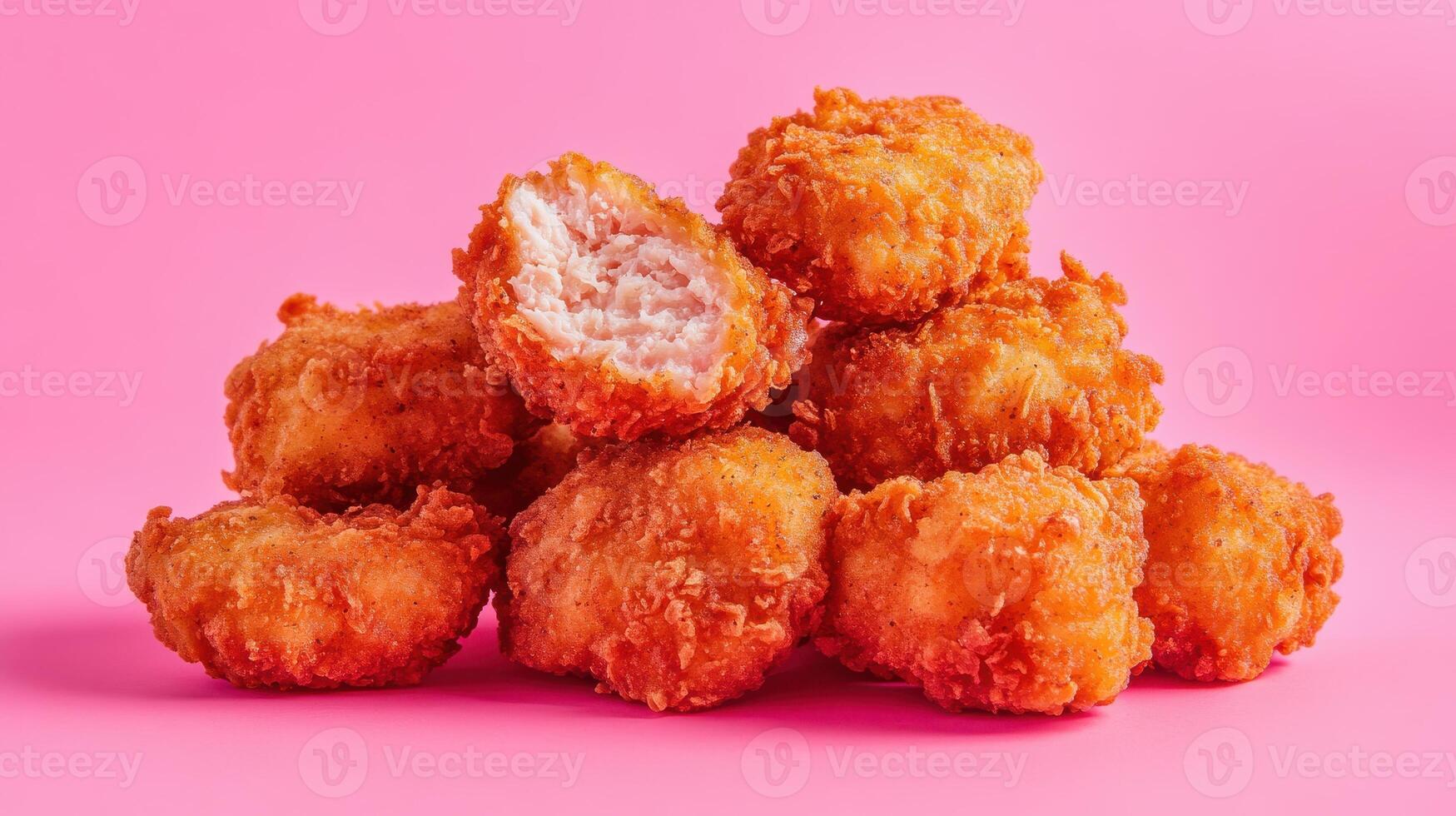 Appetizing Crispy Chicken Nugget Isolated on a Vibrant Neon Pink Background Perfect for Food Marketing Campaigns and Social Media Posts photo