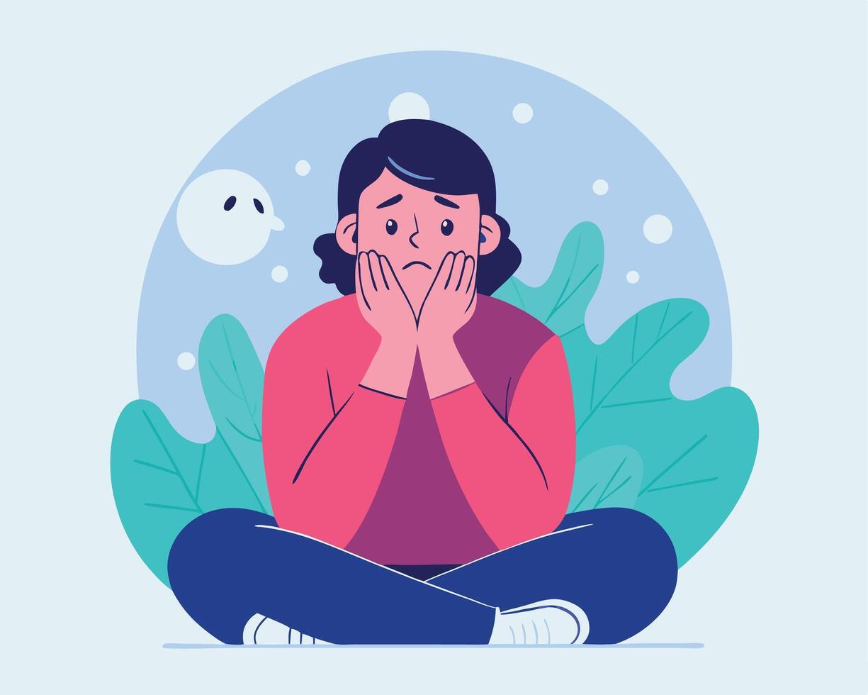 Depressed brunette woman sitting cross legged holds her face with both hands in despair vector