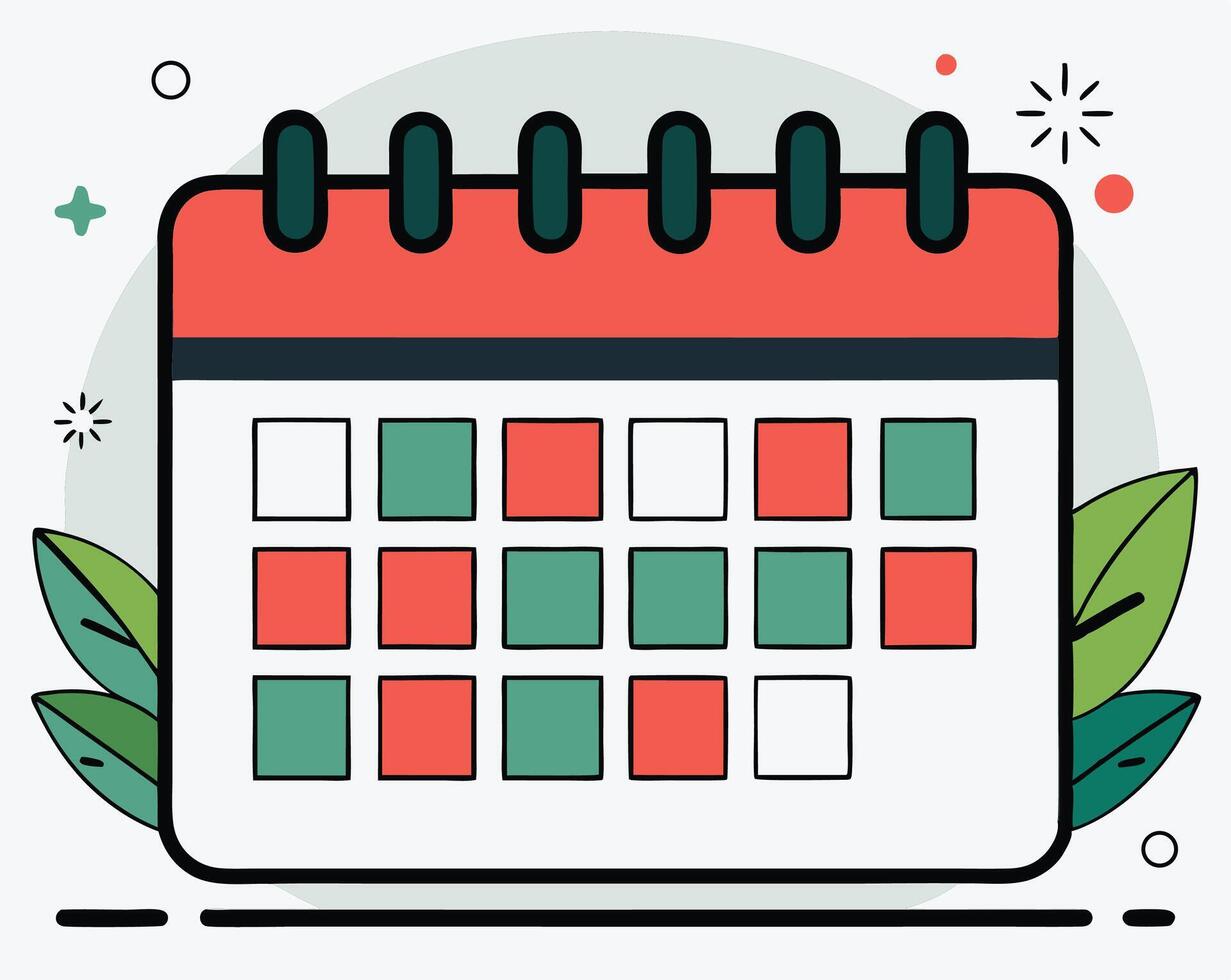 Red and green calendar with leaves and sparkles accents the schedule on white vector