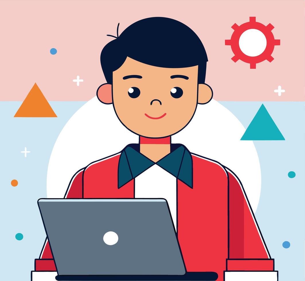 Smiling young man uses a laptop surrounded by colorful geometric shapes as background vector
