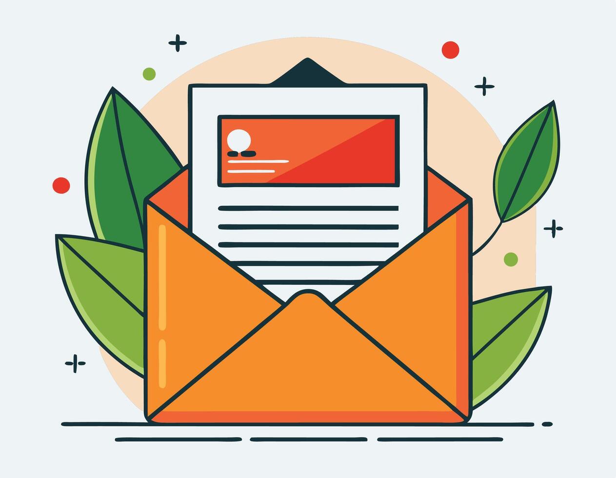 An open orange envelope reveals a letter with leaves around it, isolated vector