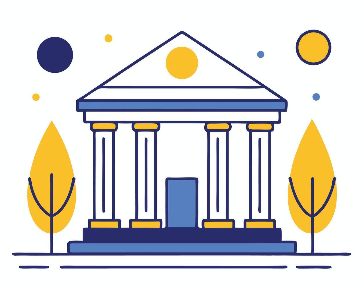 Stylized government building with blue and gold accents stands proudly amidst abstract tree forms and shapes vector