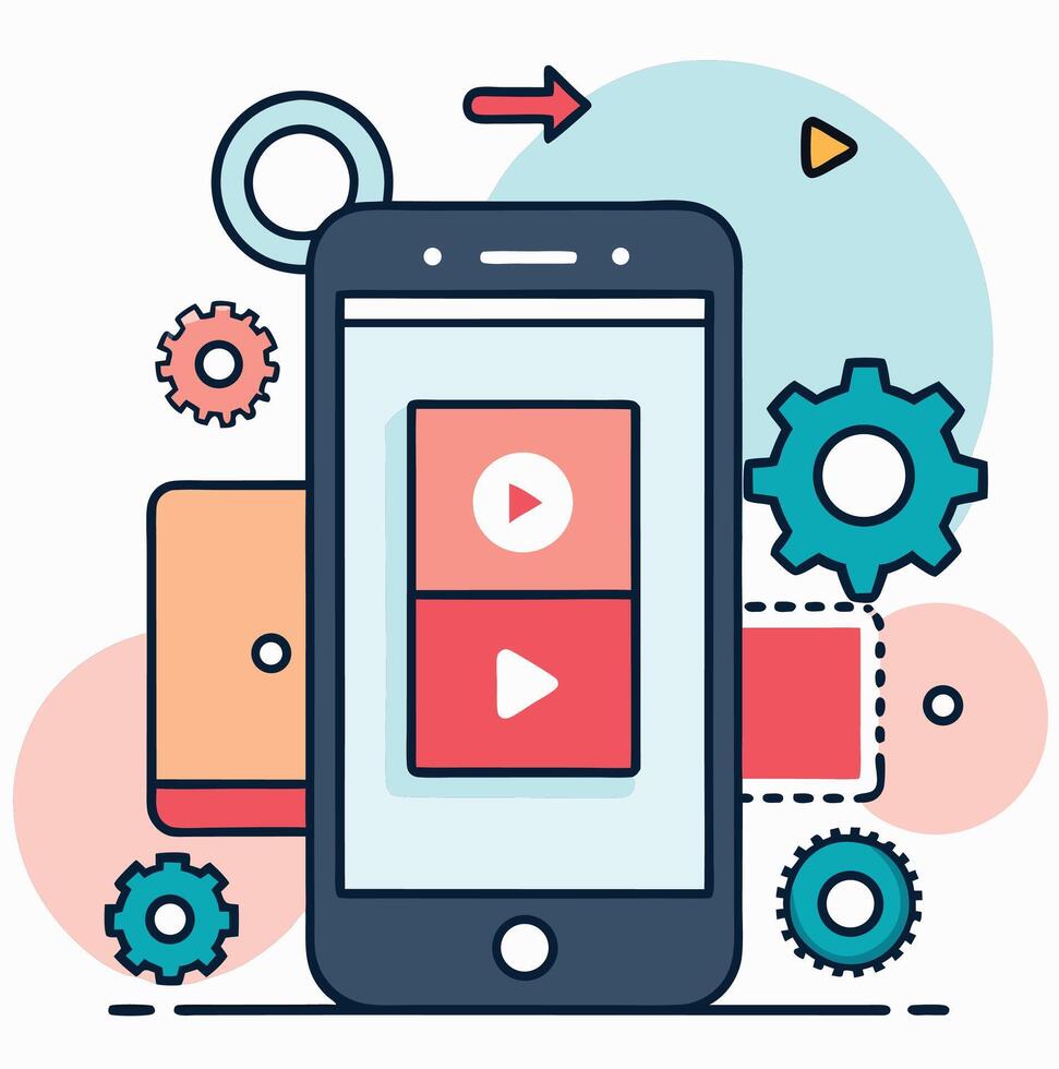 Modern smartphone displays a interface with red arrow and gear animations clearly vector