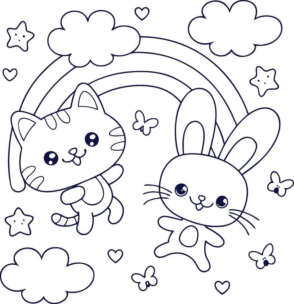 Outline Kawaii Cat and Bunny with Rainbow, Clouds, Stars, Hearts, Butterflies, Line Art vector