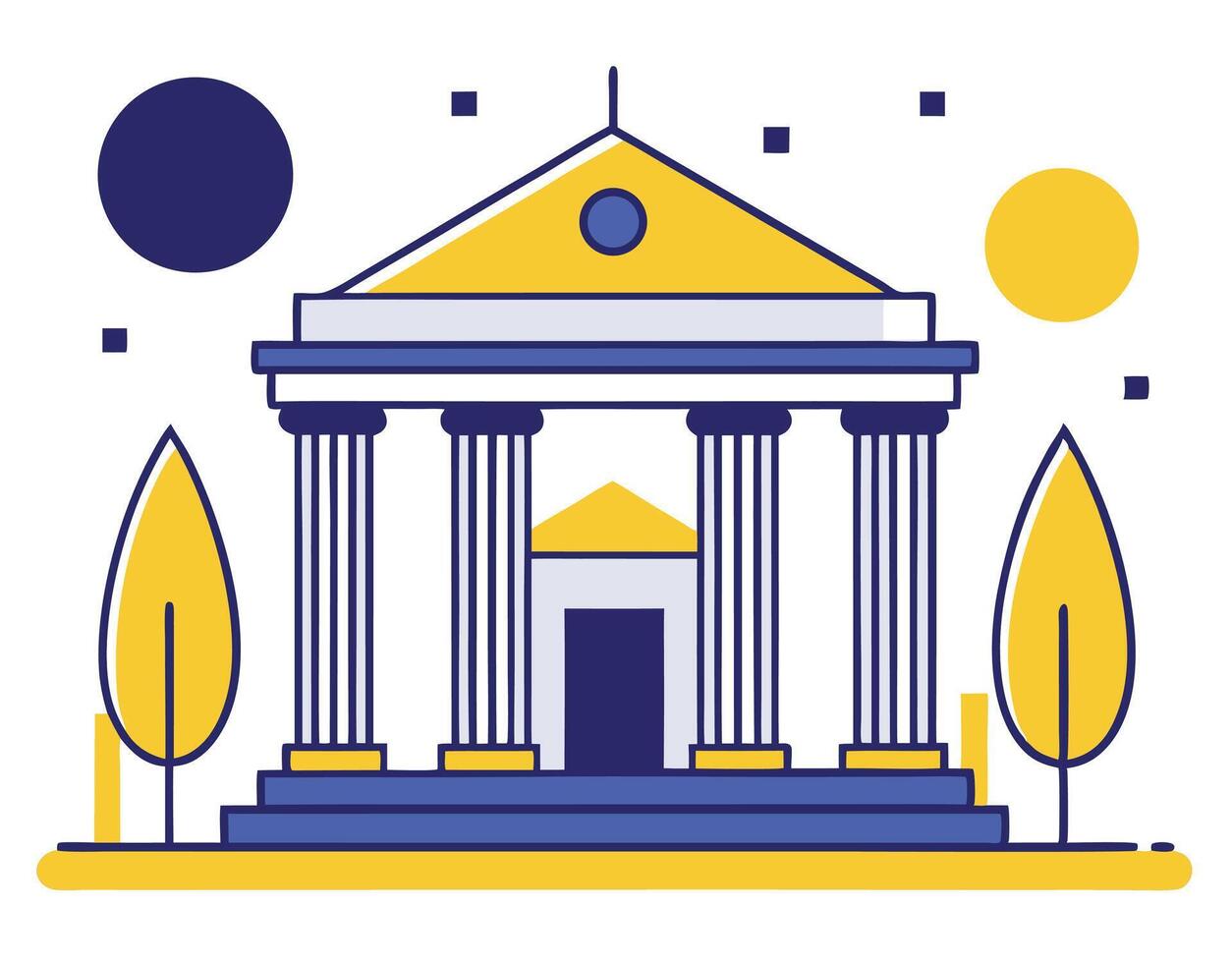 Yellow accented university with blue columns presents education and classical learning atmosphere vector