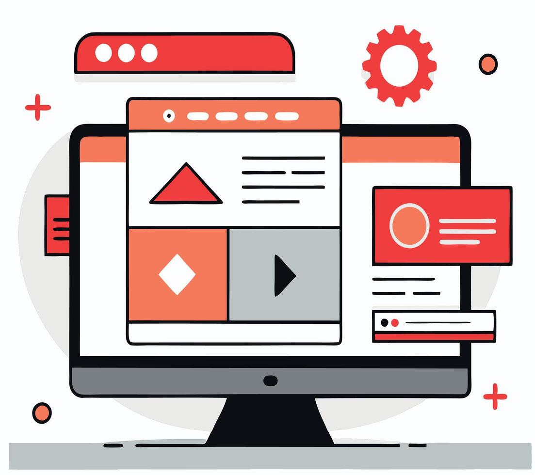 Styled monitor shows user interface elements with red and grey color palette vector