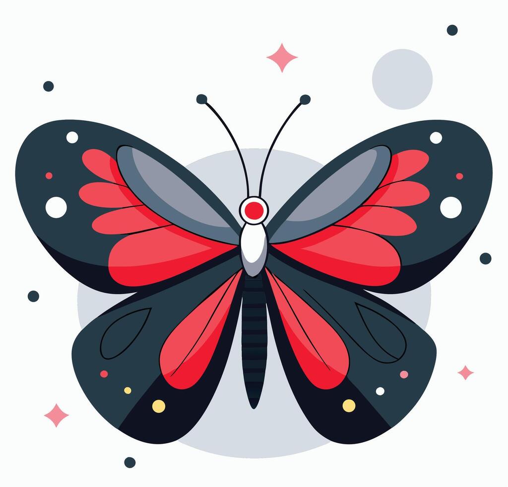 Stylized butterfly displays red and dark blue wings, surrounded by sparkles and spots, and has transparent background vector