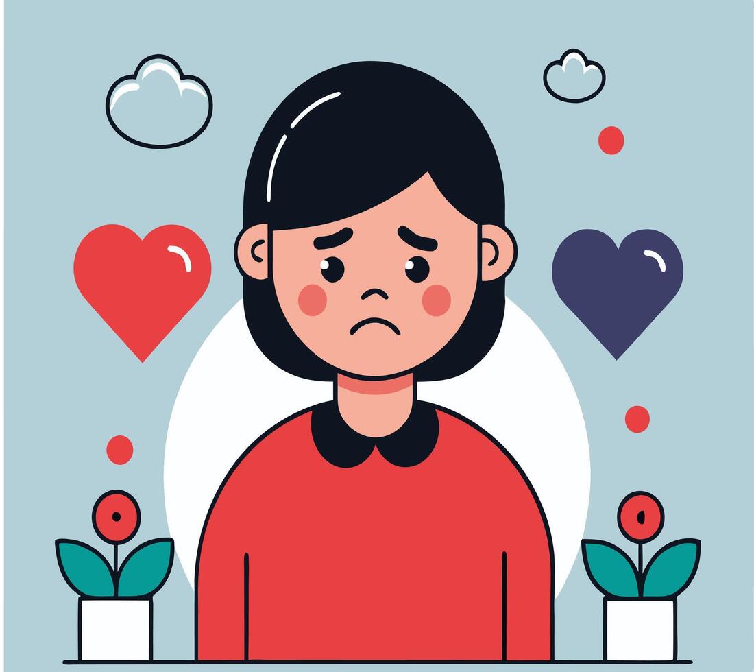 Depressed brunette girl faces heart shape and cloud surrounding her, expressing sadness vector